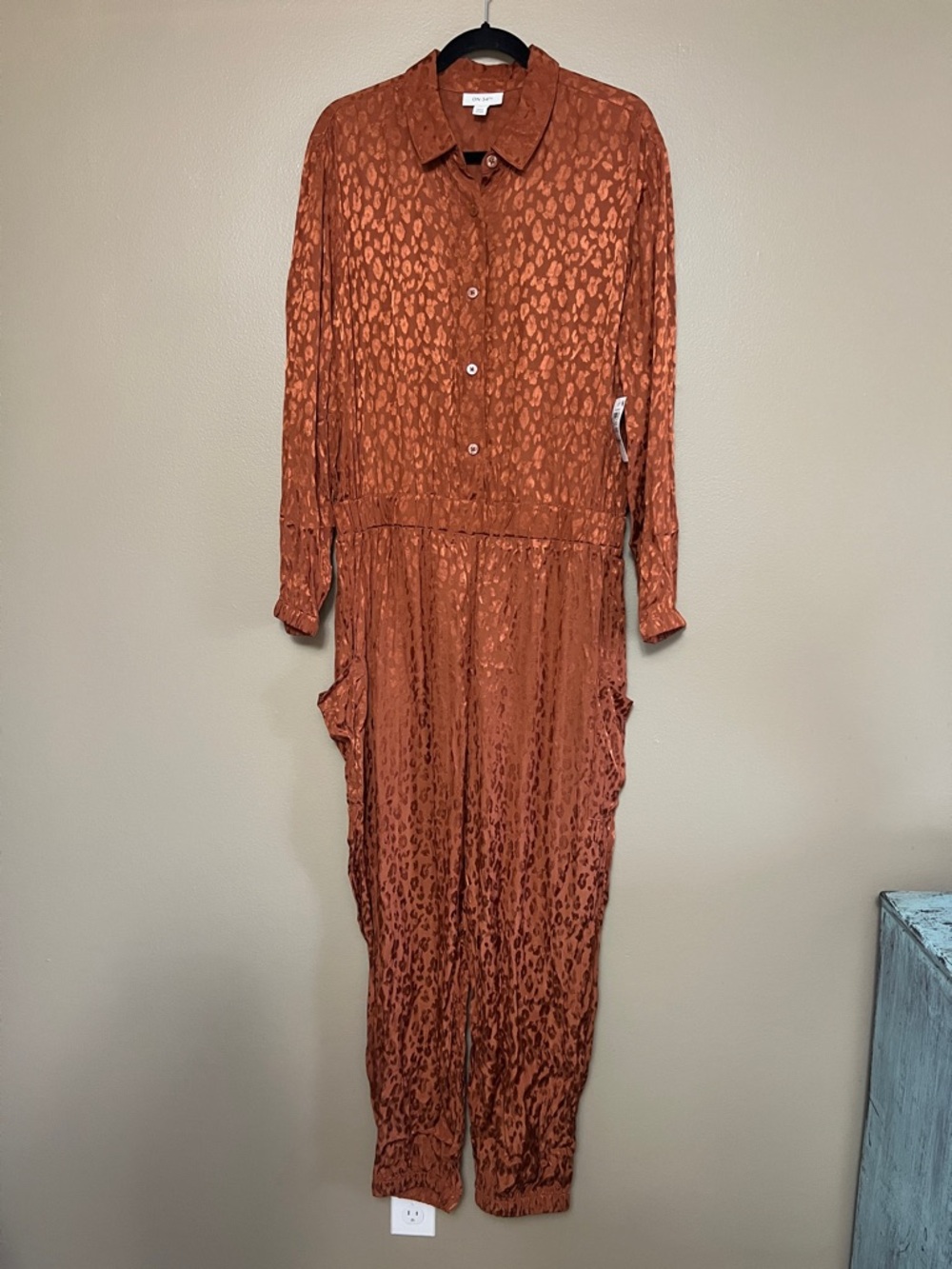 On 34th Burnt Orange Long-Sleeve Button Leopard Jumpsuit - L